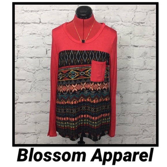 Red Tribal Print Contrast Long Sleeve Tee - Picture 2 of 7